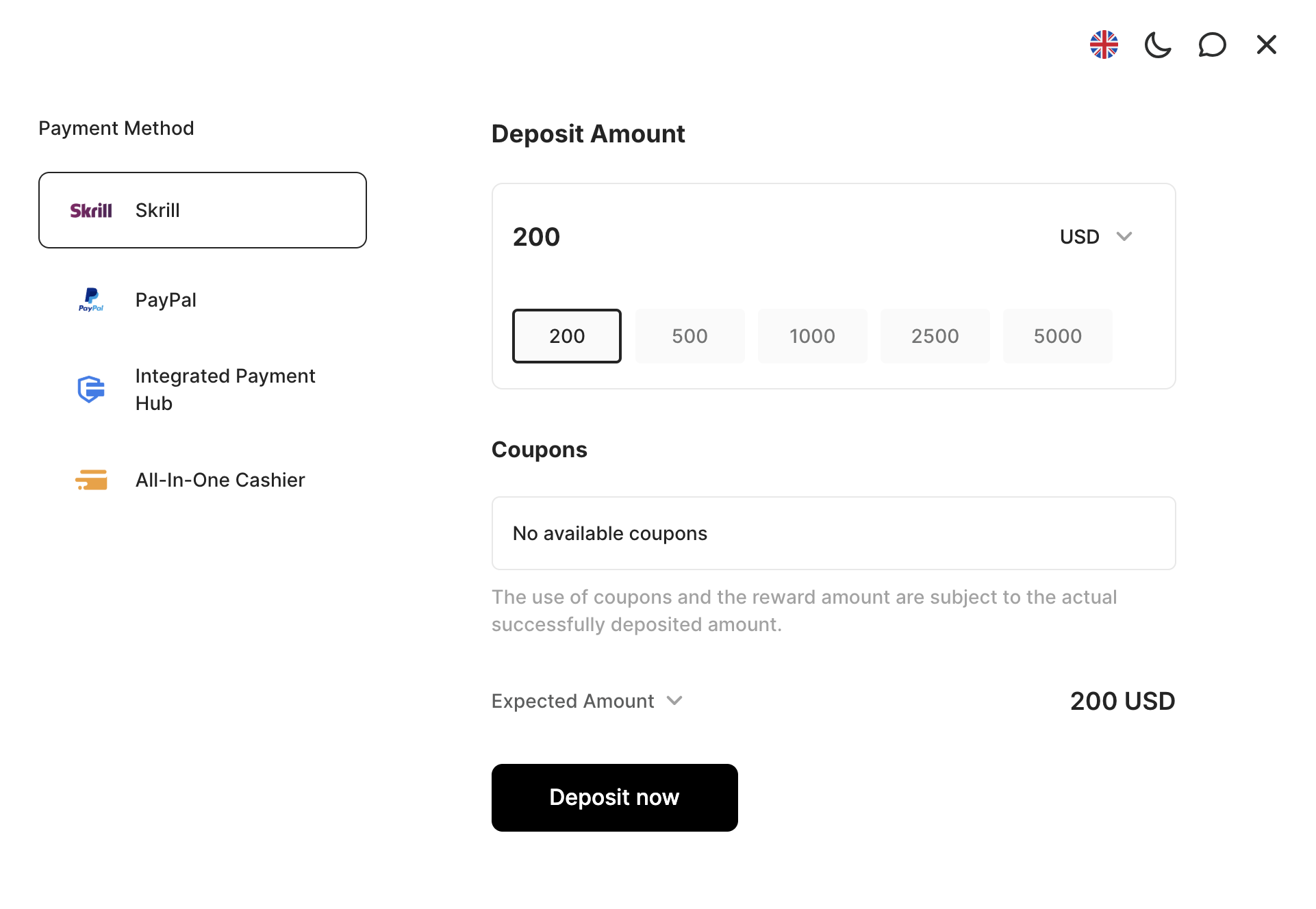 Deposit portal at Markets.com