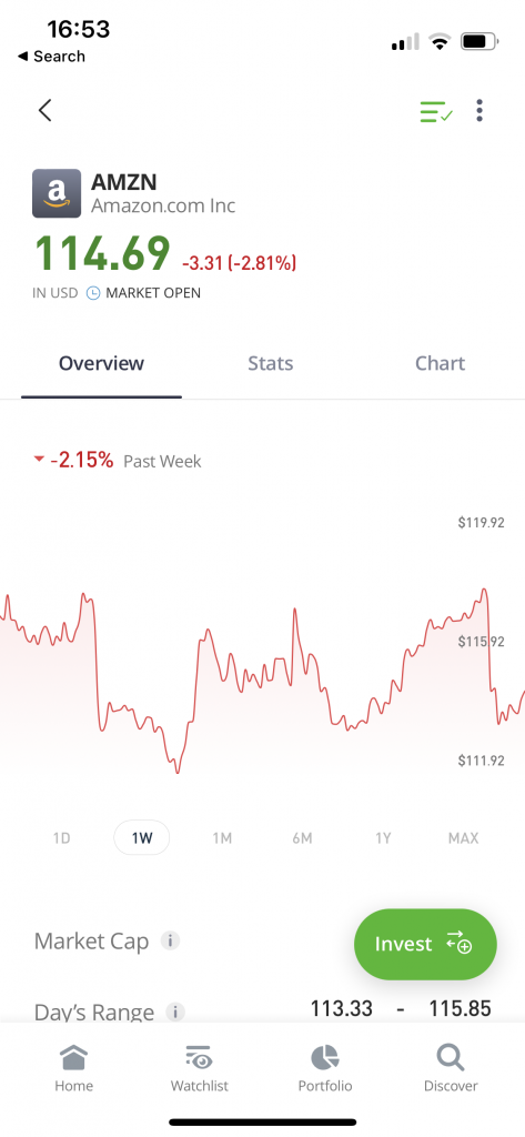 eToro mobile app interface showing Amazon stock