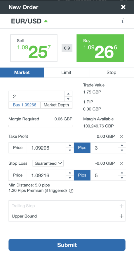 EURUSD trade order on OANDA Trade