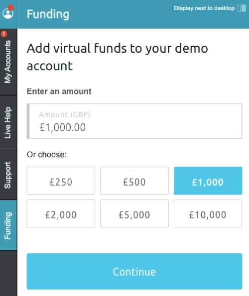 Choosing virtual balance on CMC Markets demo account