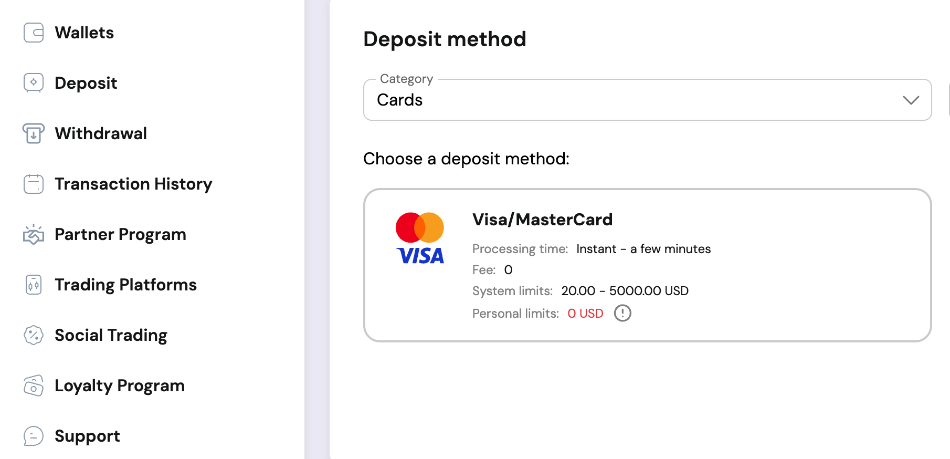 Deposit portal at NordFX