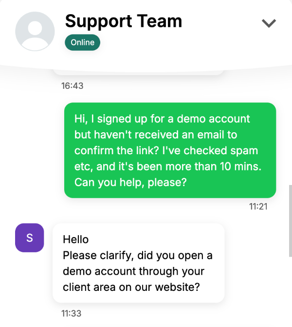 Live chat conversation with NordFX support
