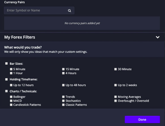 ProTrader custom filters for trade ideas at Vantage