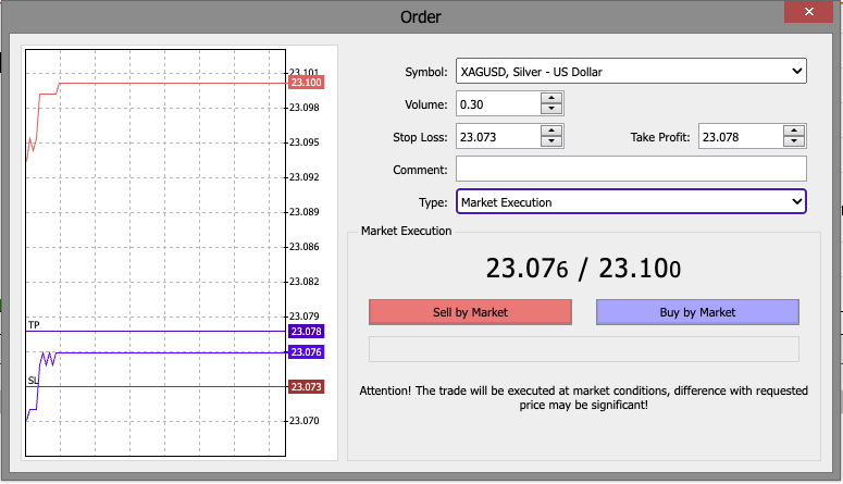 MT5 trade order at Vantage showing XAGUSD market order