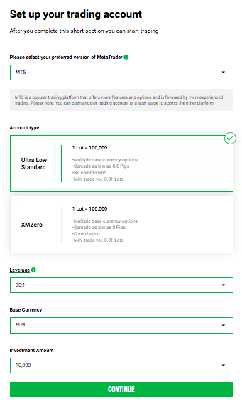 Demo account registration at XM