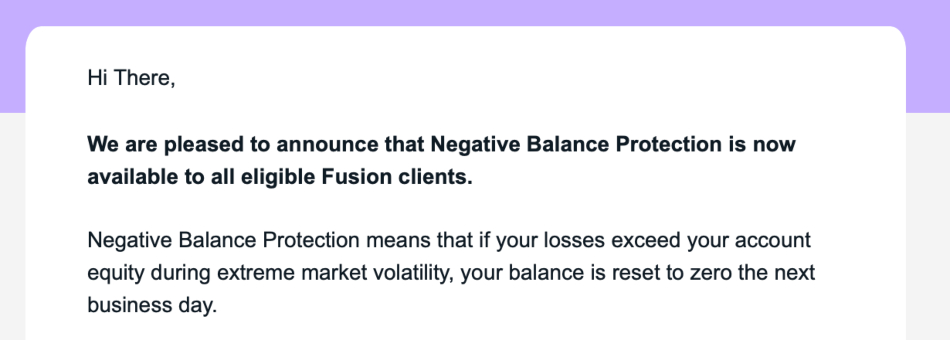Email confirmation from Fusion Markets saying negative balance protection is available for all