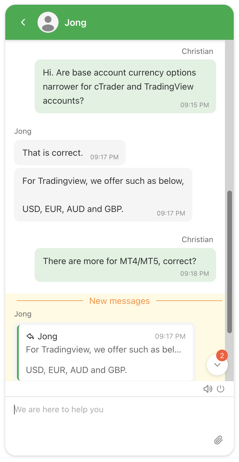 Conversation with GO Markets live chat support