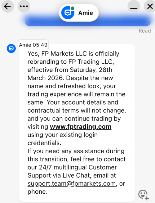 Live chat support confirming FP Markets is rebranding to FP Trading