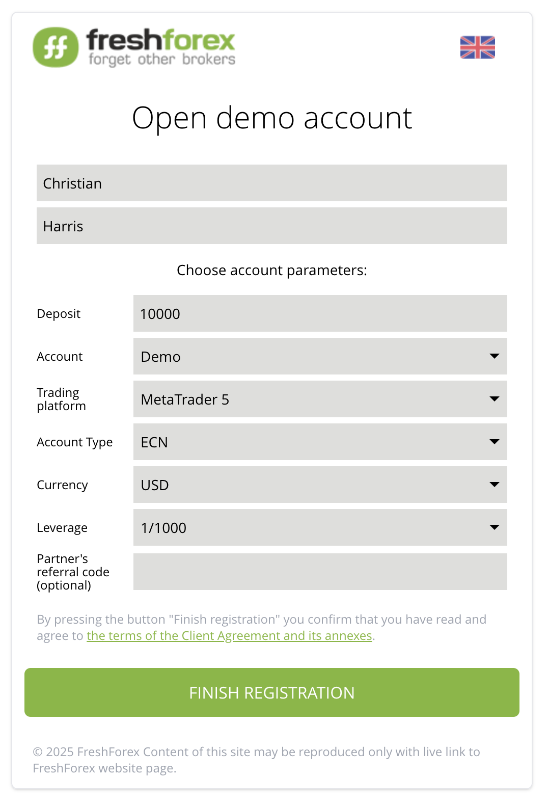 Opening a demo account at FreshForex