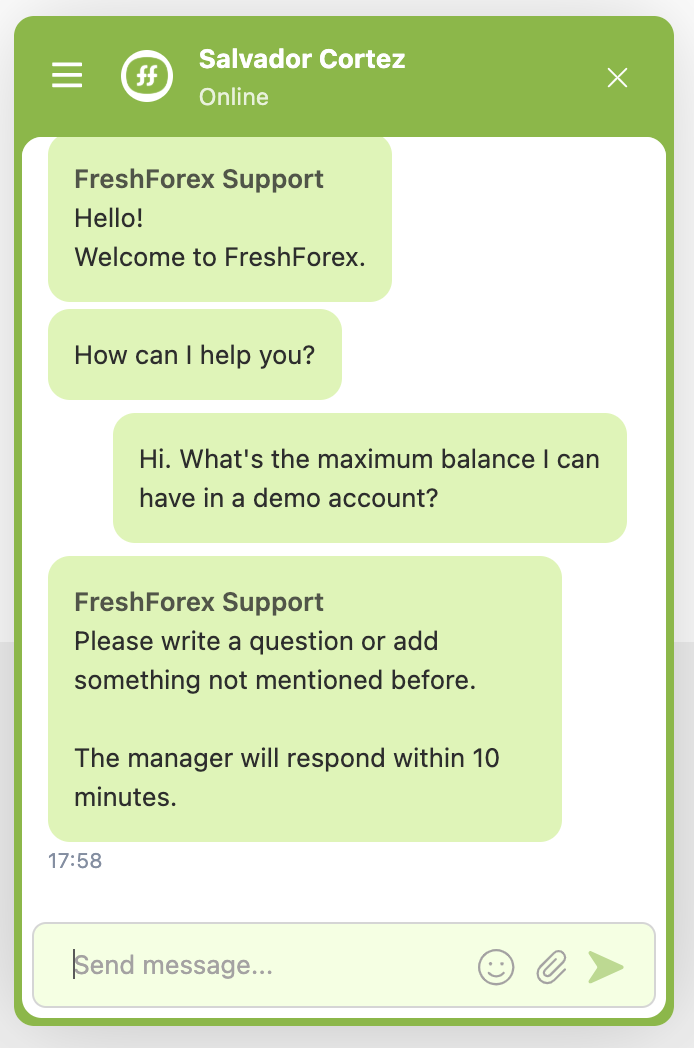 Conversation with FreshForex's customer support on live chat