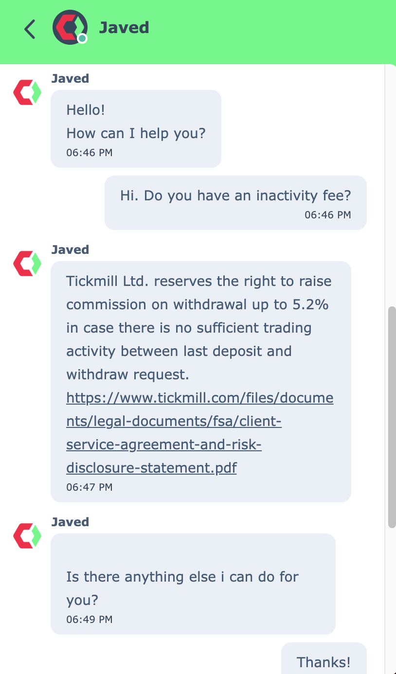 Live chat conversation with Tickmill