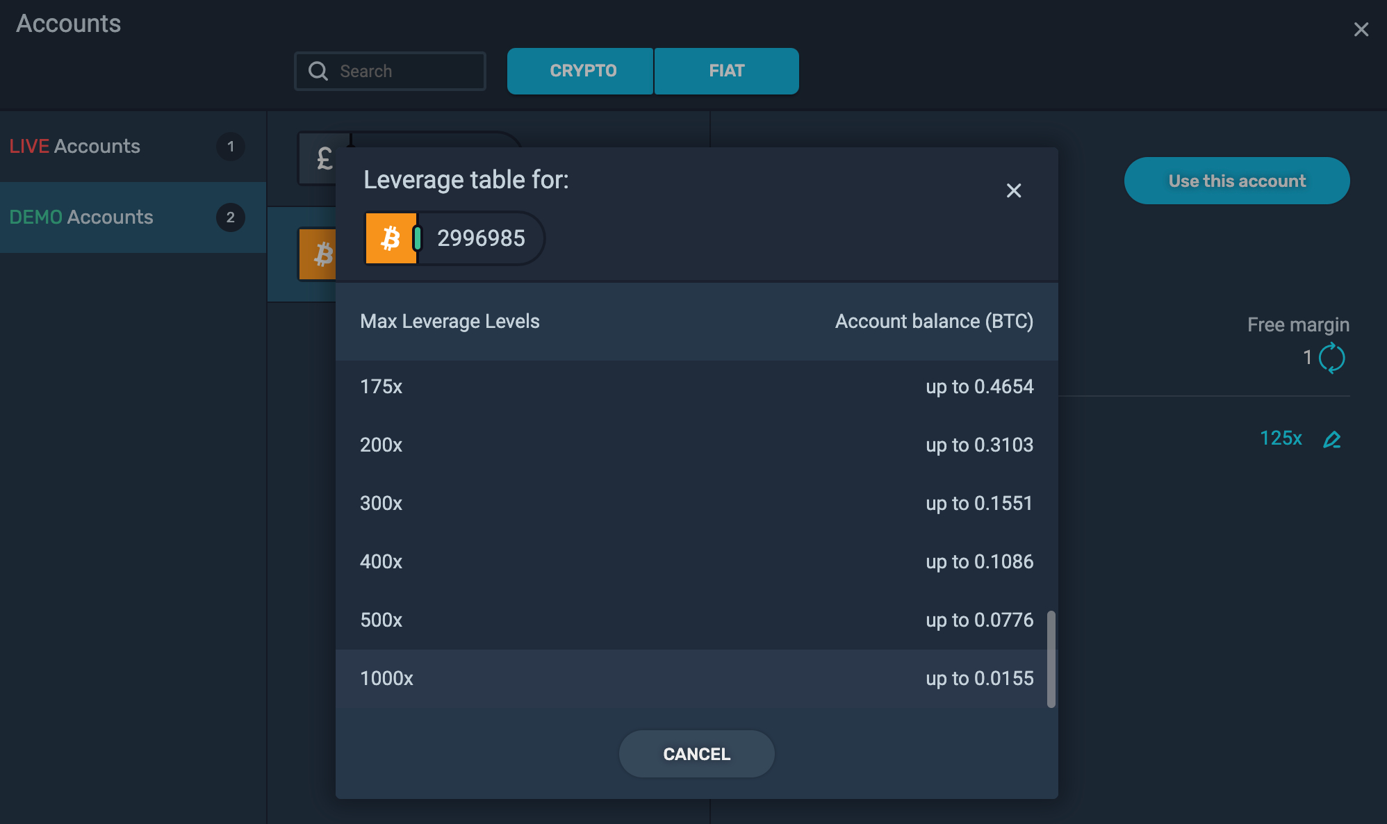 Changing leverage in SimpleFX account area