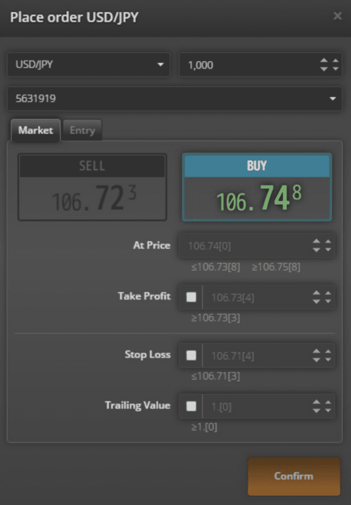 Trade order window in the FXDD webtrader