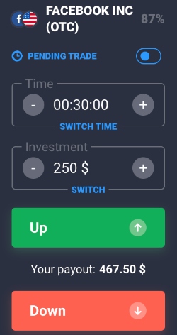 Placing a binary trade on the Quotex app 