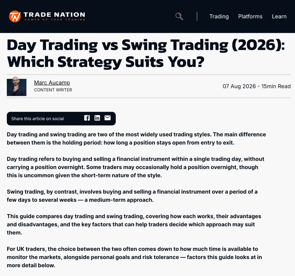 Trade Nation educational guide on day trading vs swing trading