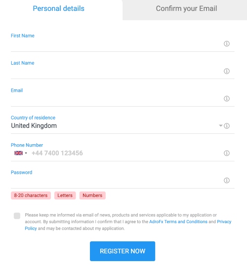 AdroFX account opening form