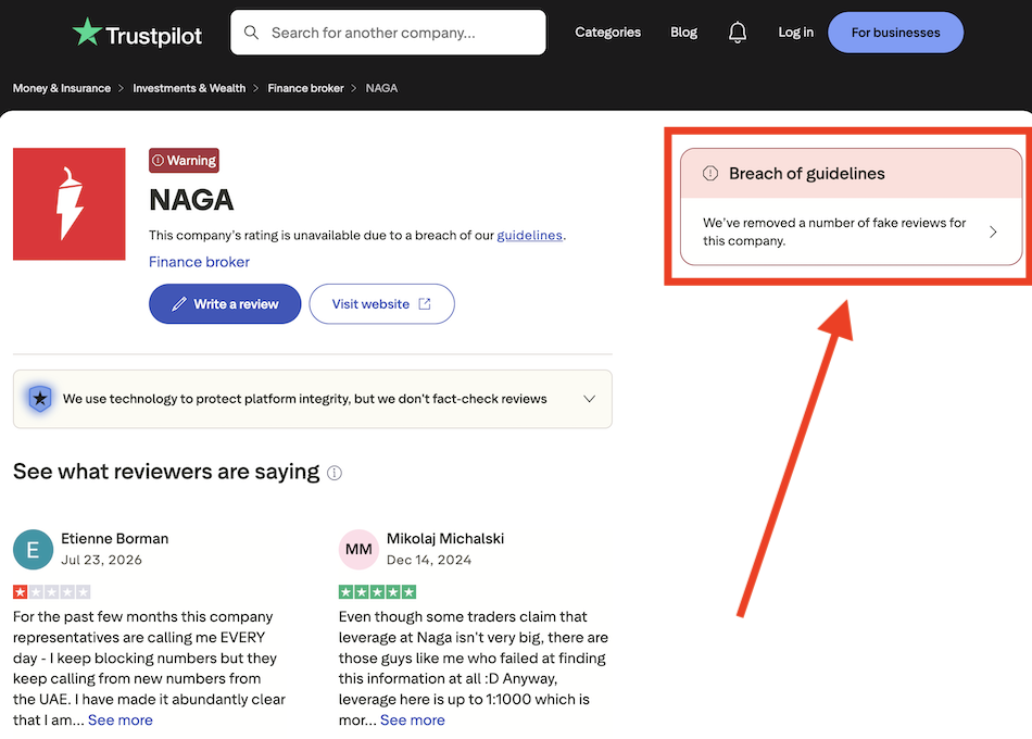NAGA Trustpilot profile breach of guidelines