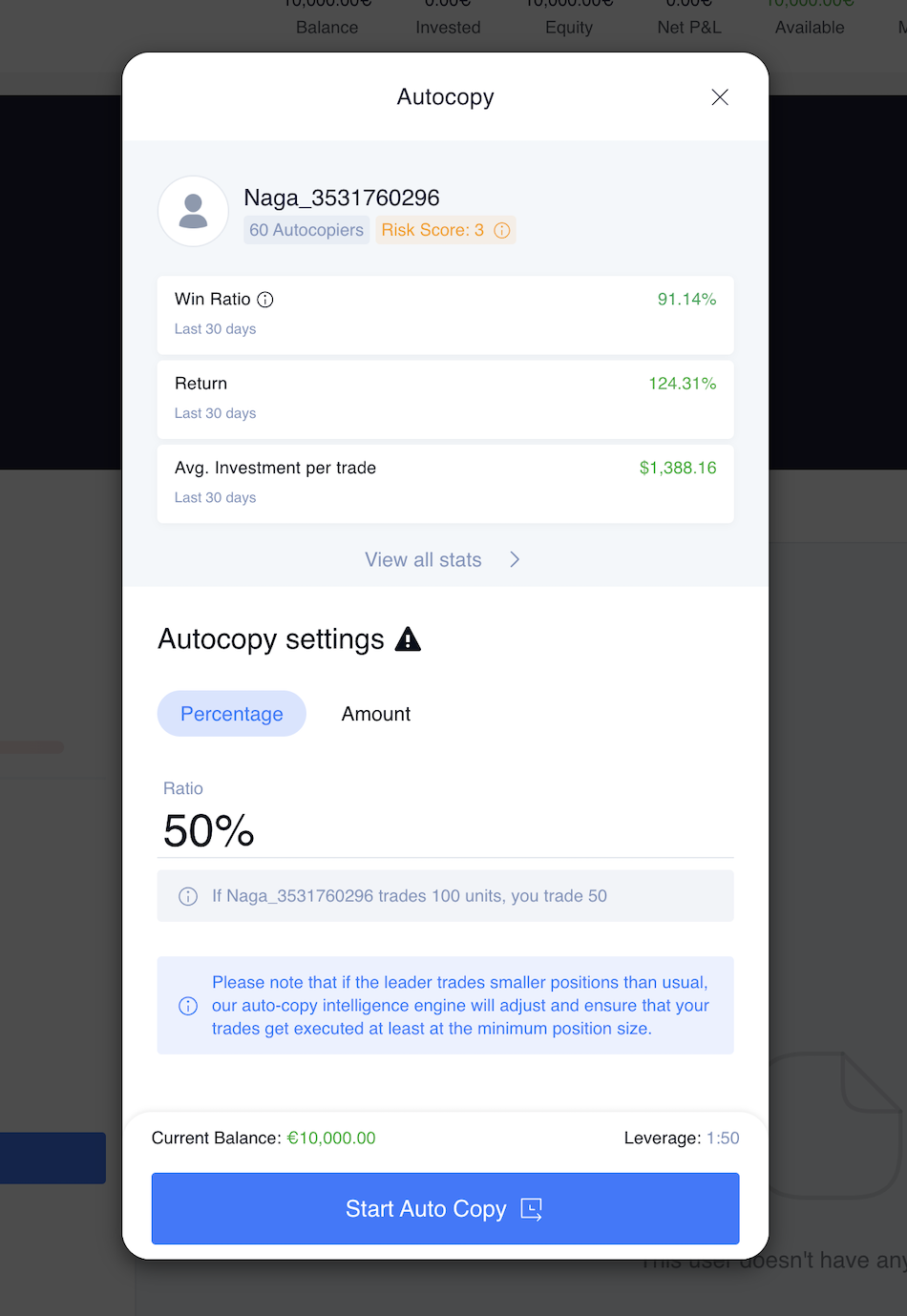 Setting up a copy trade on NAGA