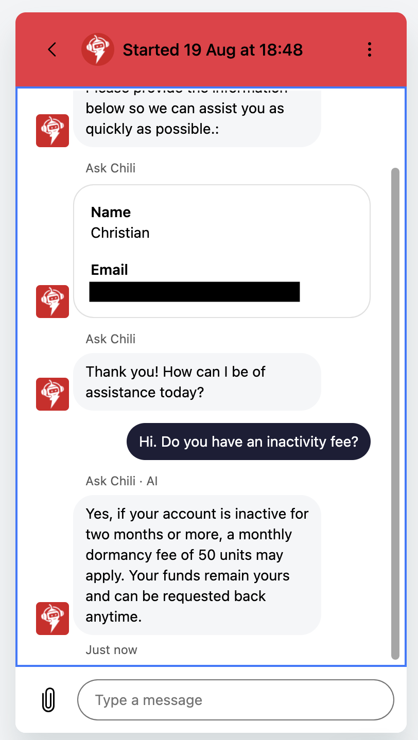 Live chat conversation with NAGA