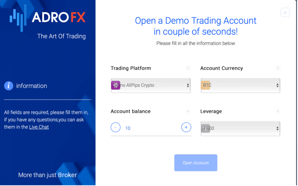 AdroFX's demo account registration box