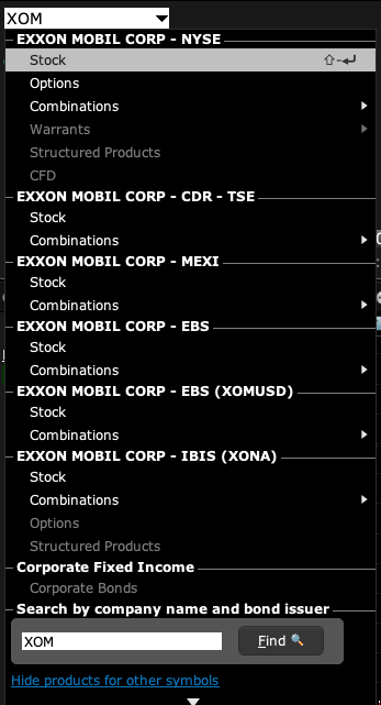 Interactive Brokers order entry pop-down menu