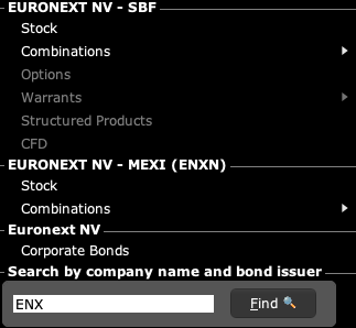 pop-down menu Euronext NV
