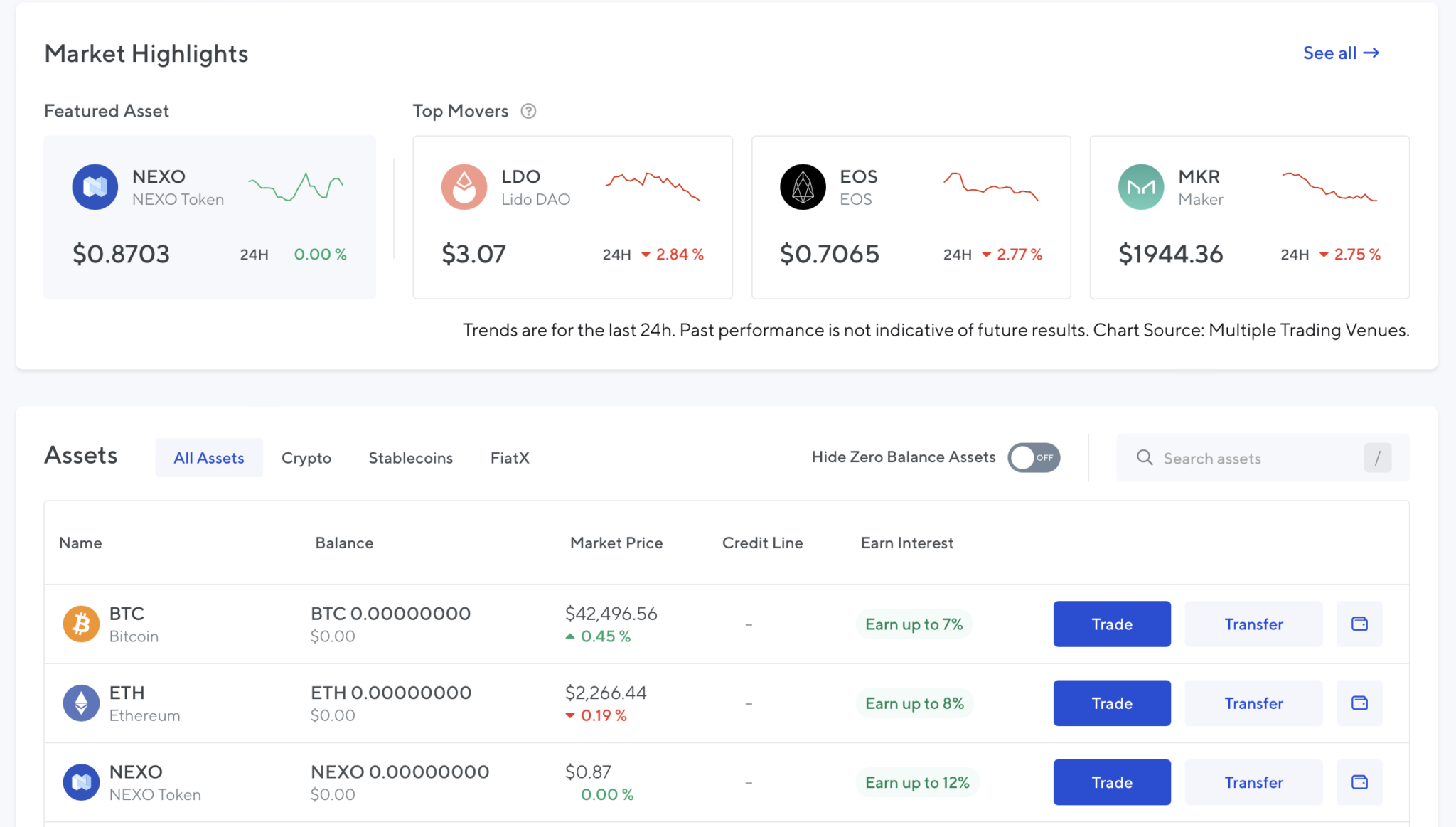 Screen showing some of Nexo's crypto tokens