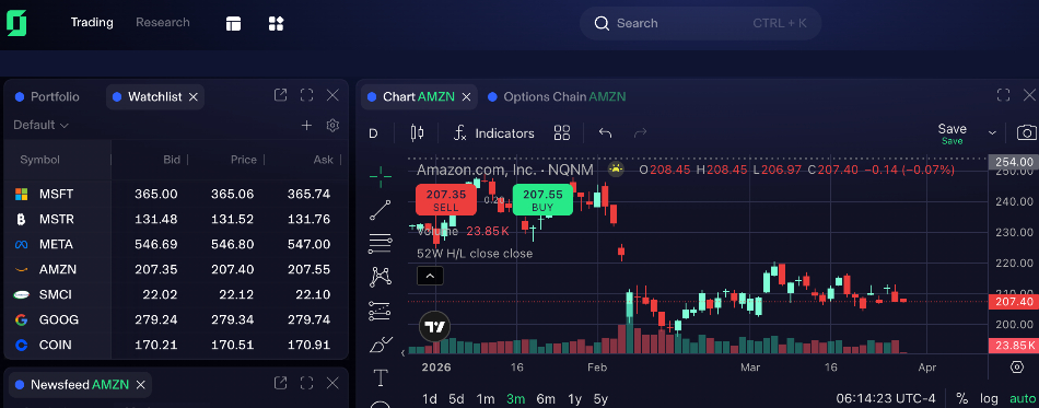 TZ1 platform interface at TradeZero