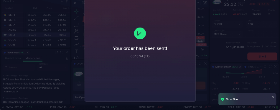 A trade confirmed in the TradeZero platform