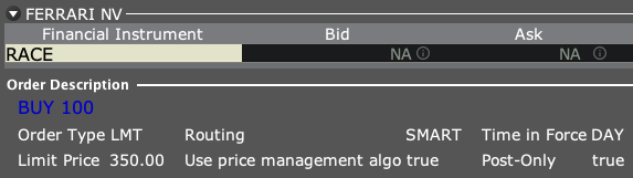 RACE stock confirmation screen