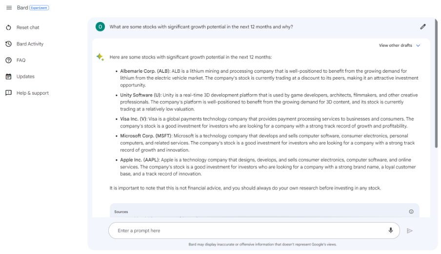 Testing stock picks on Google Bard AI