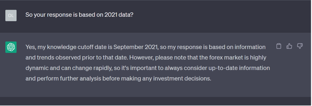 Trading forex with ChatGPT-3.5 data limit query