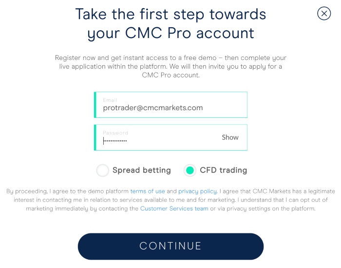 Signing up for a pro trading account at CMC Markets