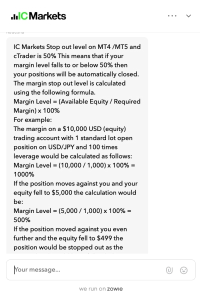 Asking IC Markets live chat support about margin call