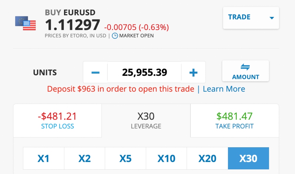 Placing a trade on margin at eToro