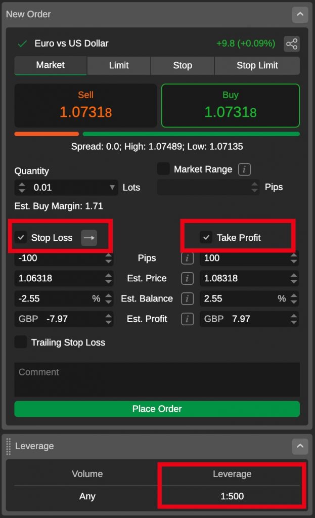 Opening a leveraged trade with risk management parameters