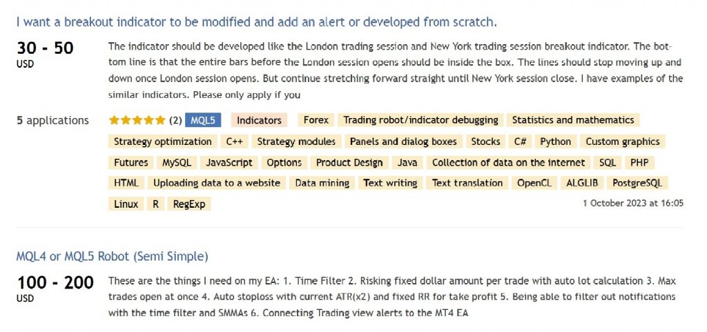 Examples of auto trading job listings on MetaTrader Market