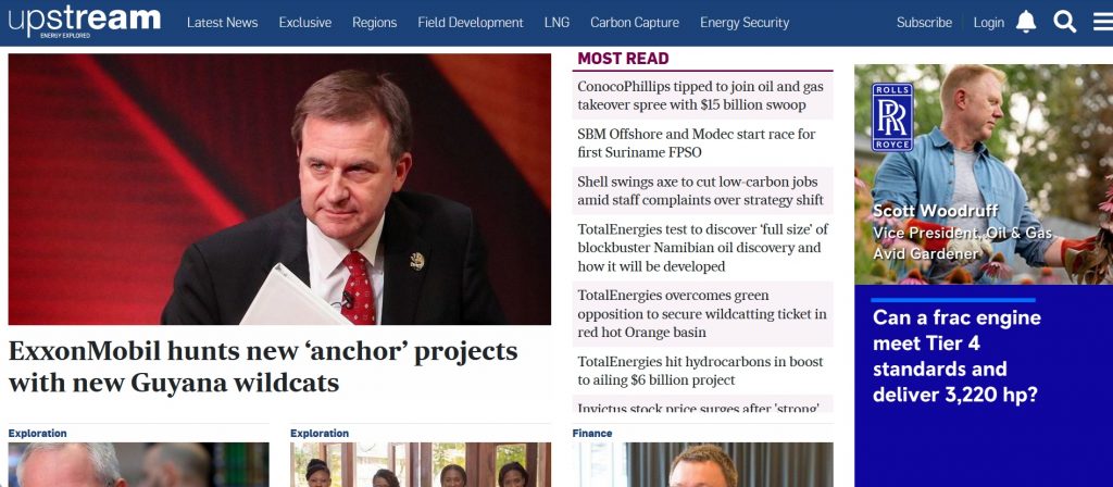 The homepage of oil news website Upstream Online