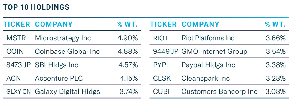 Table of holdings in crypto Amplify Transformational Data Sharing ETF factsheet