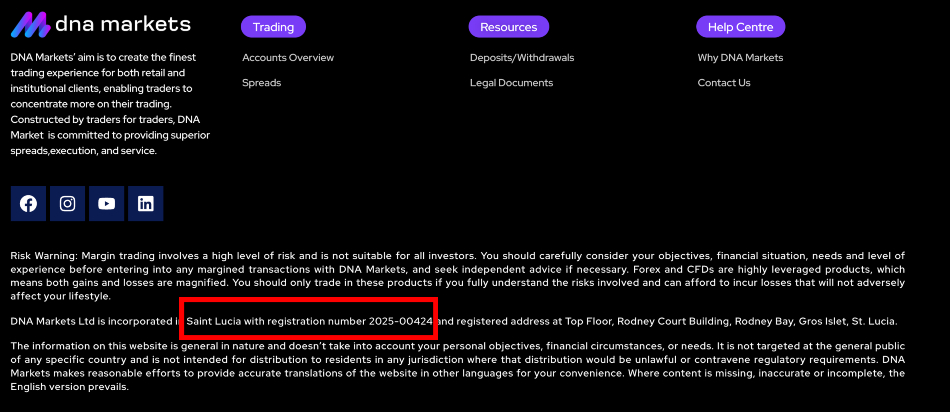 DNA Markets website footer showing registration details