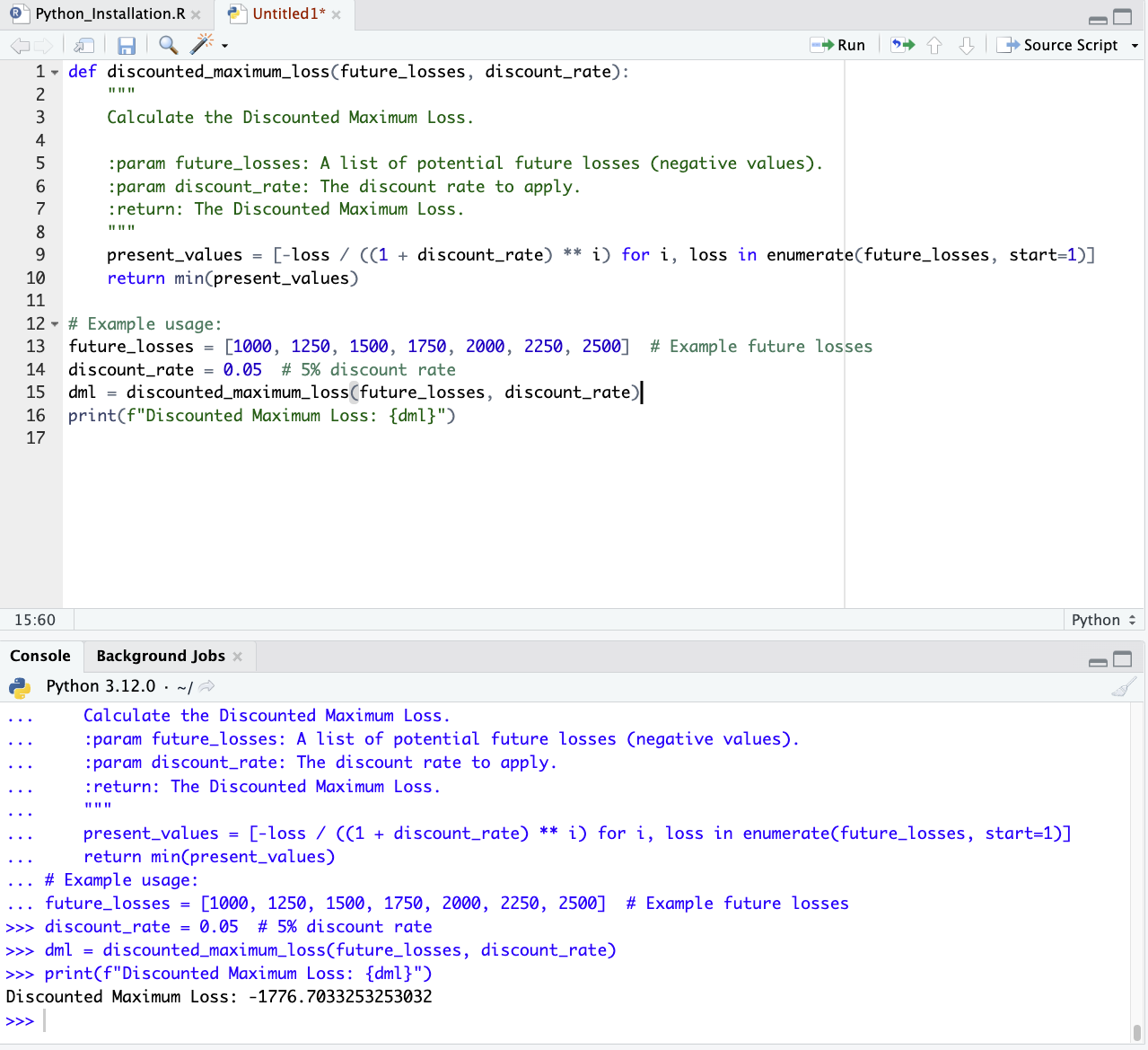 Discounted Maximum Loss, Python Code