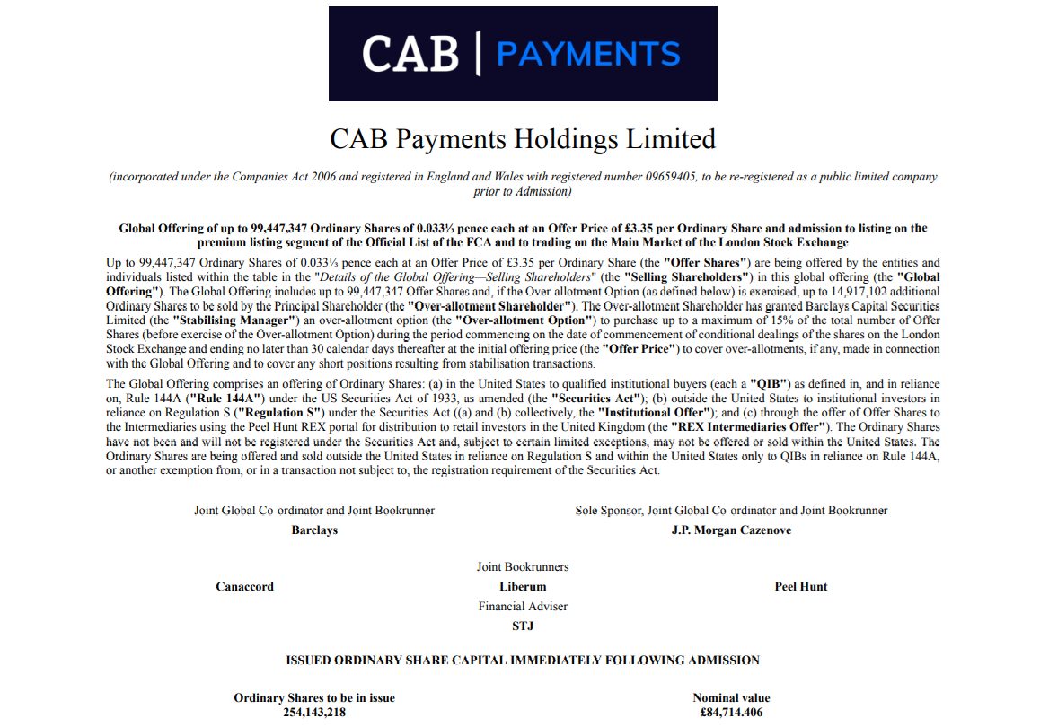 Excerpt from the front page of CAB Payments Holdings’ prospectus