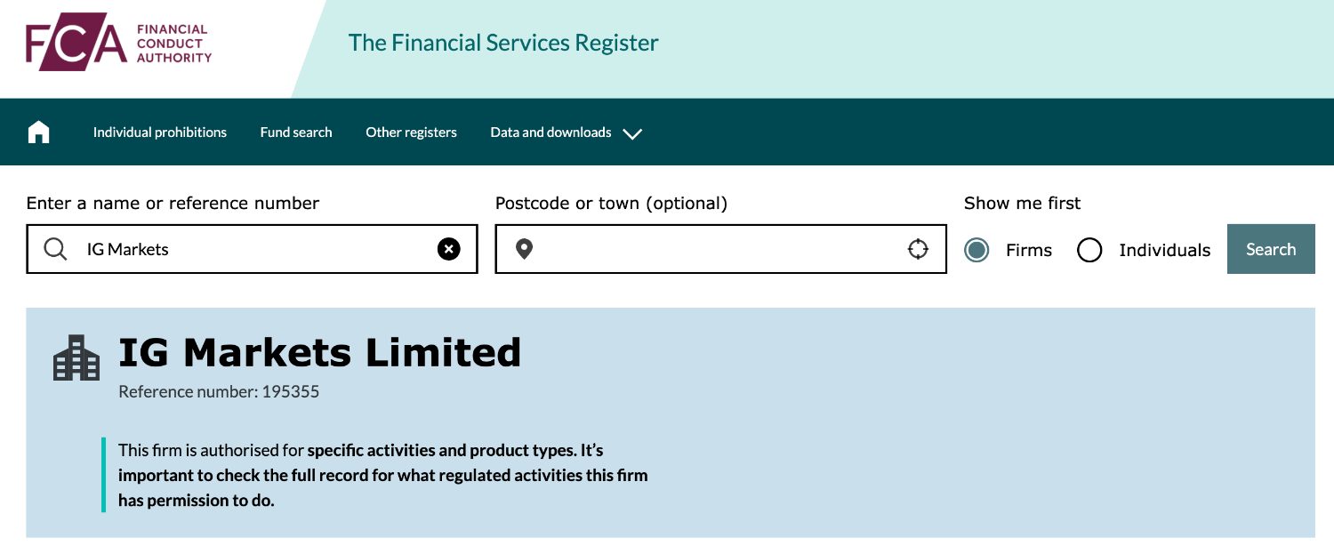 IG Markets on FCA database