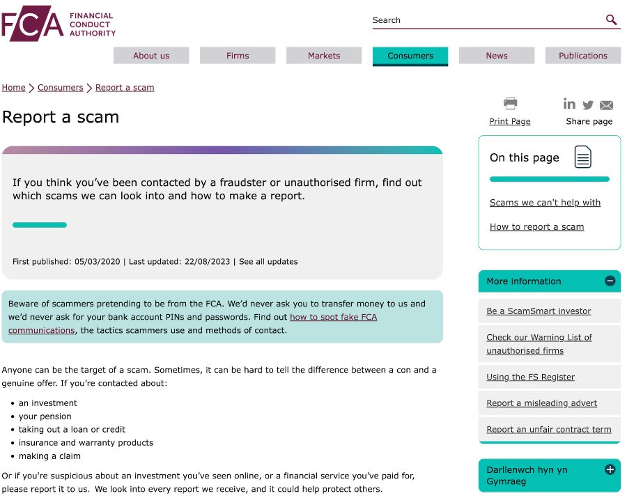 FCA website explaining what to do if you've been scammed