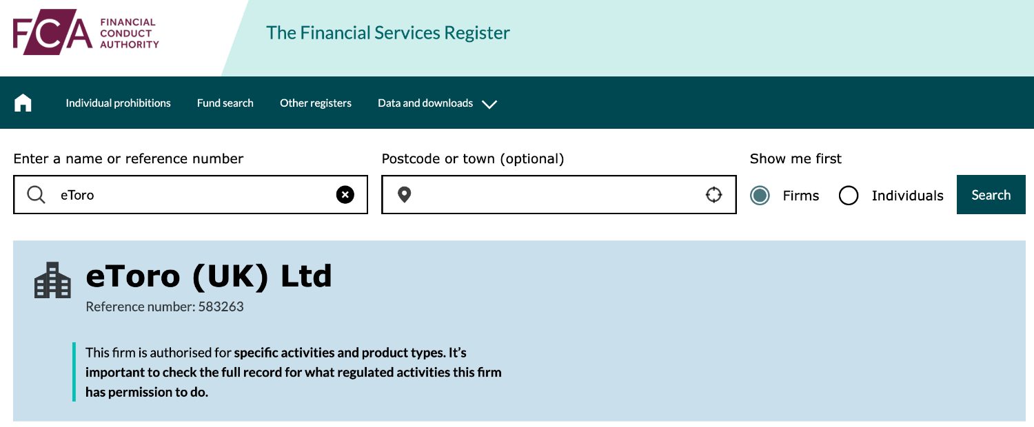 Checking eToro is regulated on the UK's FCA database