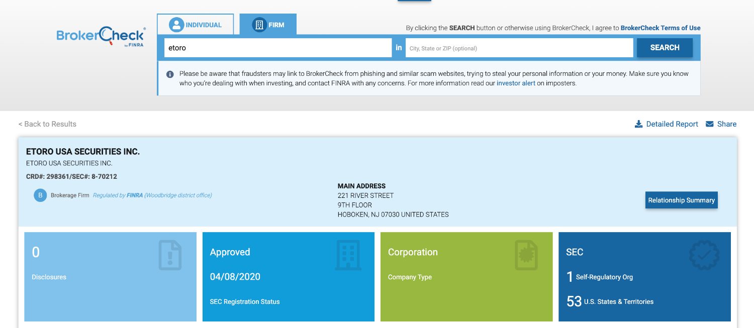 eToro USA broker check on FINRA