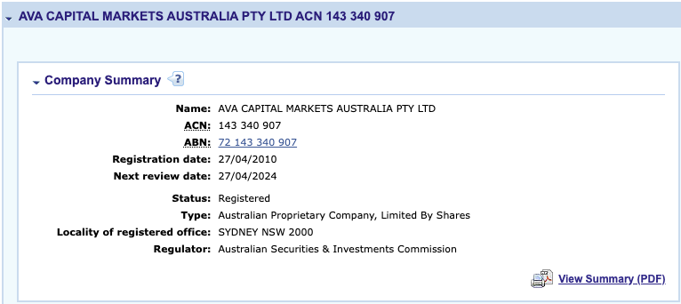 ASIC register showing AvaTrade license