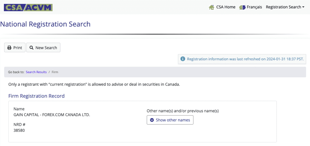 The Canadian Securities Administrators (CSA) national register showing Forex.com authorization