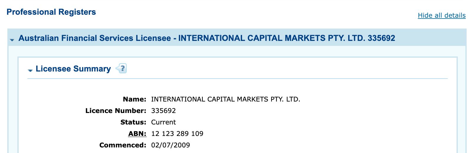 International Capital Markets Pty AFSL registration