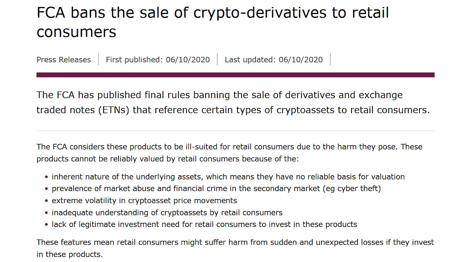 Screenshot of FCA website with ban on crypto derivatives like Bitcoin CFDs